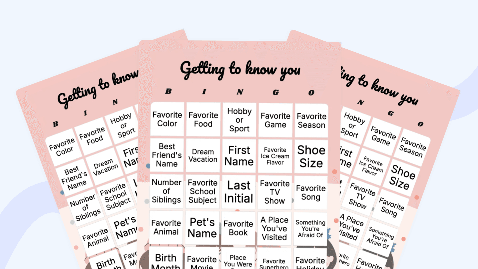 stacked getting to know you bingo cards