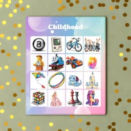 childhood bingo with gold sparkles