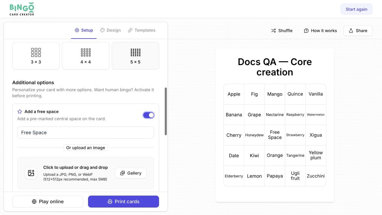 Free-space option enabled with text and image upload controls.