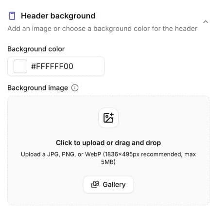 Header background panel with colour, Gallery, JPG, PNG, WebP, 1836×495-pixel, and 5 MB upload guidance.