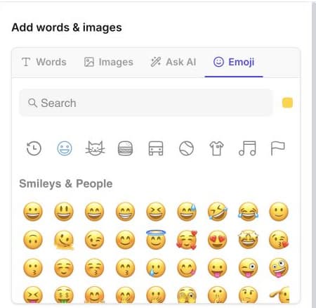 Emoji tab with search, skin-tone choices, category icons, and smiley emoji.
