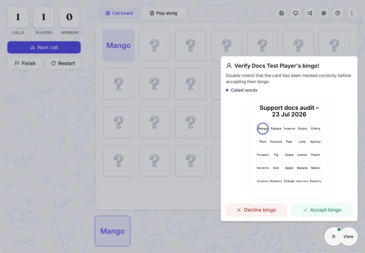 Host verification dialog showing a player's marked card with Decline bingo and Accept bingo actions.