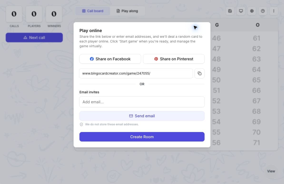 Play online screen with social sharing, a copyable game link, email invitations, and the Join game action.
