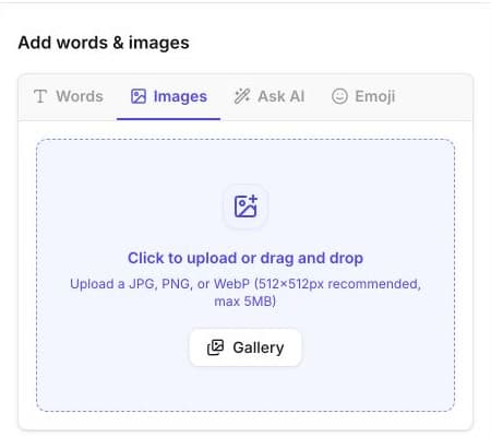 Images tab with JPG, PNG, WebP, 512×512-pixel, and 5 MB upload guidance.