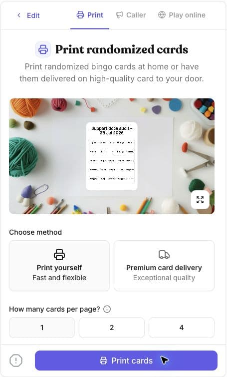 Print settings with Print yourself, Premium card delivery, and one, two, or four cards per page beside a card preview.