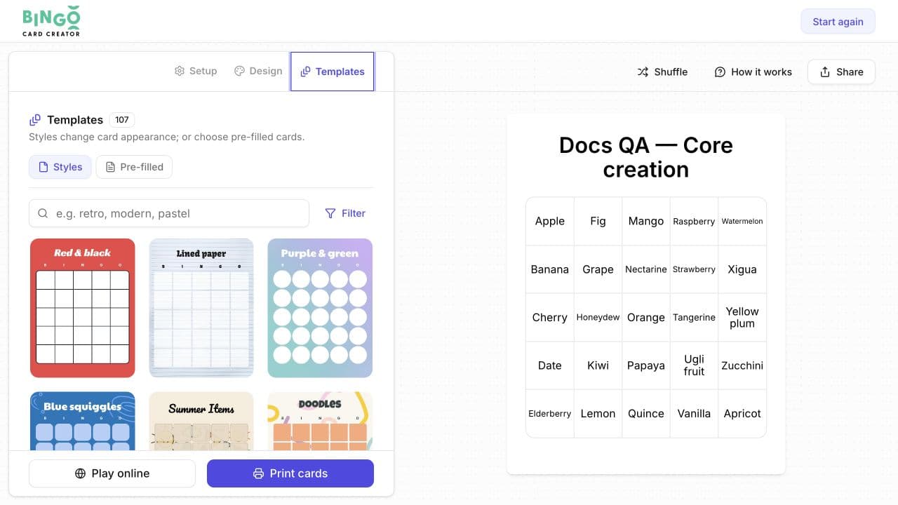 Templates tab in the card editor with Styles and Pre-filled choices.